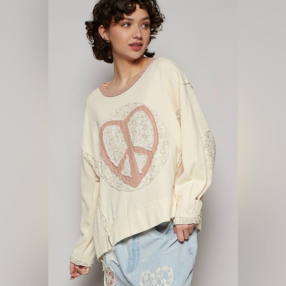 P29. NEW POL Boho Patchwork Heart Peace Knit Relaxed Vintage Wash Cream New Item - Picture 2 of 7